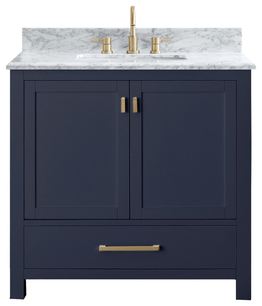 Avanity Modero Bath Vanity in Navy Blue, 36", Single Sink, Carrara White Marble
