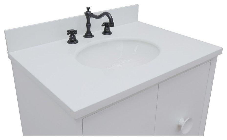 31" Single Vanity, White Finish With White Engineered Stone Top And Oval Sink