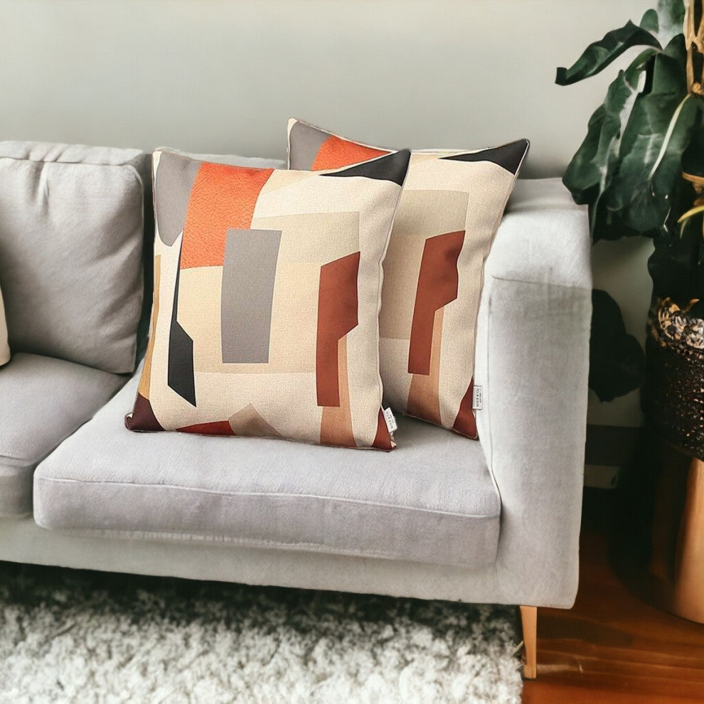Set of 2 Ivory and Orange Geometric Pillow Covers