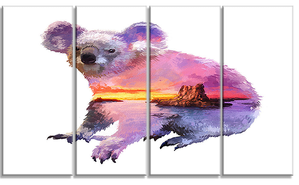 Koala Double Exposure Illustration, Large Animal Canvas Print, 48"x28", 4 Panels