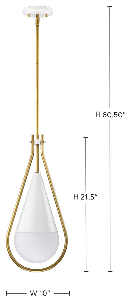 Admiral 1 Light Pendant, 10", Matte White and Natural Brass Finish