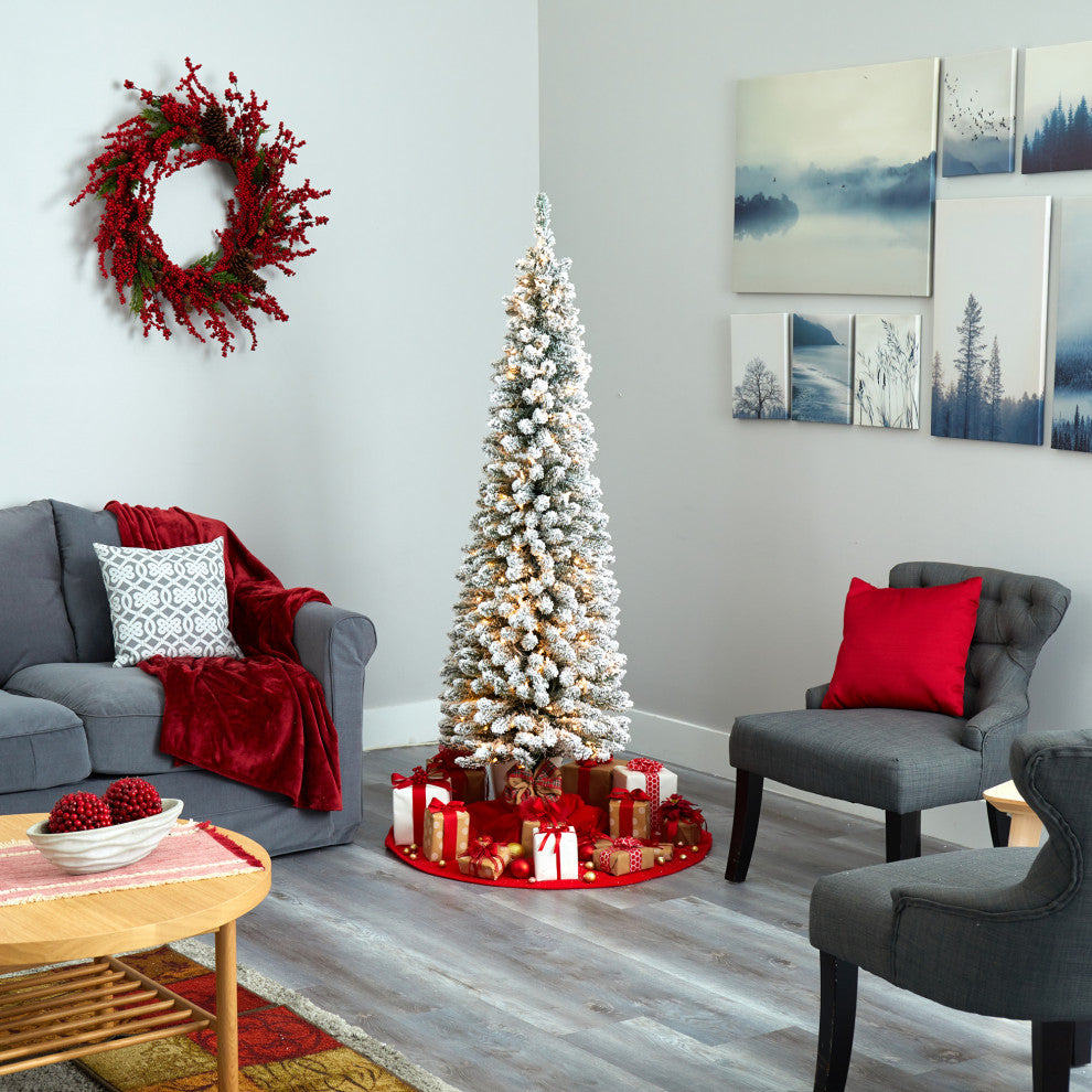 6'' Flocked Pencil Faux Xmas Tree With 300 Clear Lights and 438 Bendable Branches