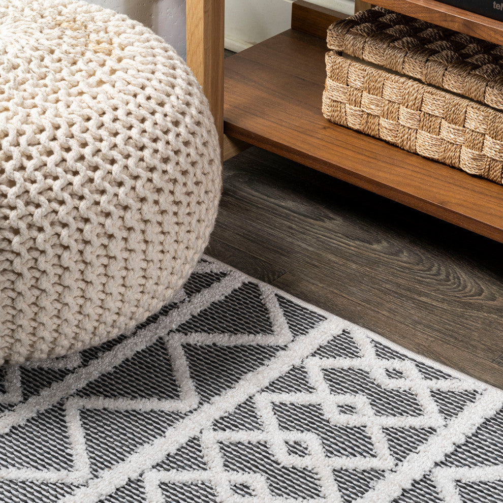 Aylan High-Low Pile Trellis Indoor/Outdoor Black/Ivory 2 ft. x 10 ft. Runner Rug