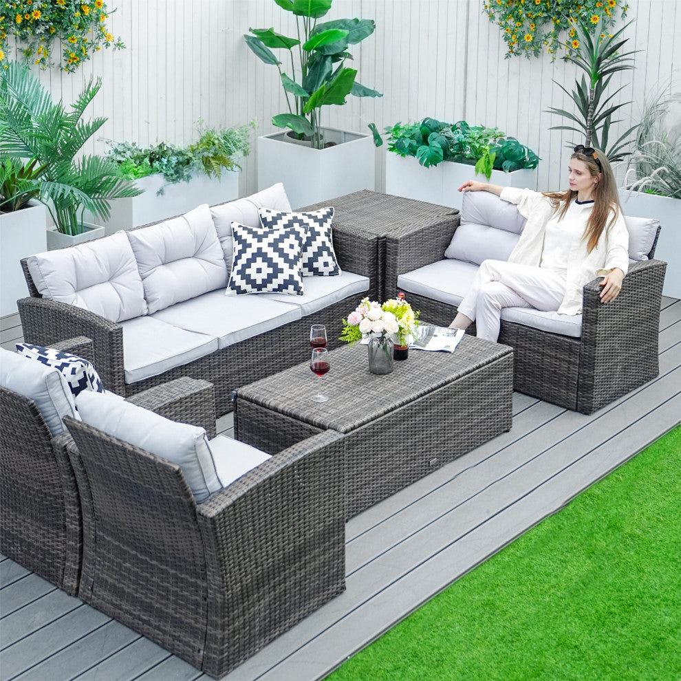 Patio 6-Piece Wicker Sofa Conversation Set With Cushions, Brown