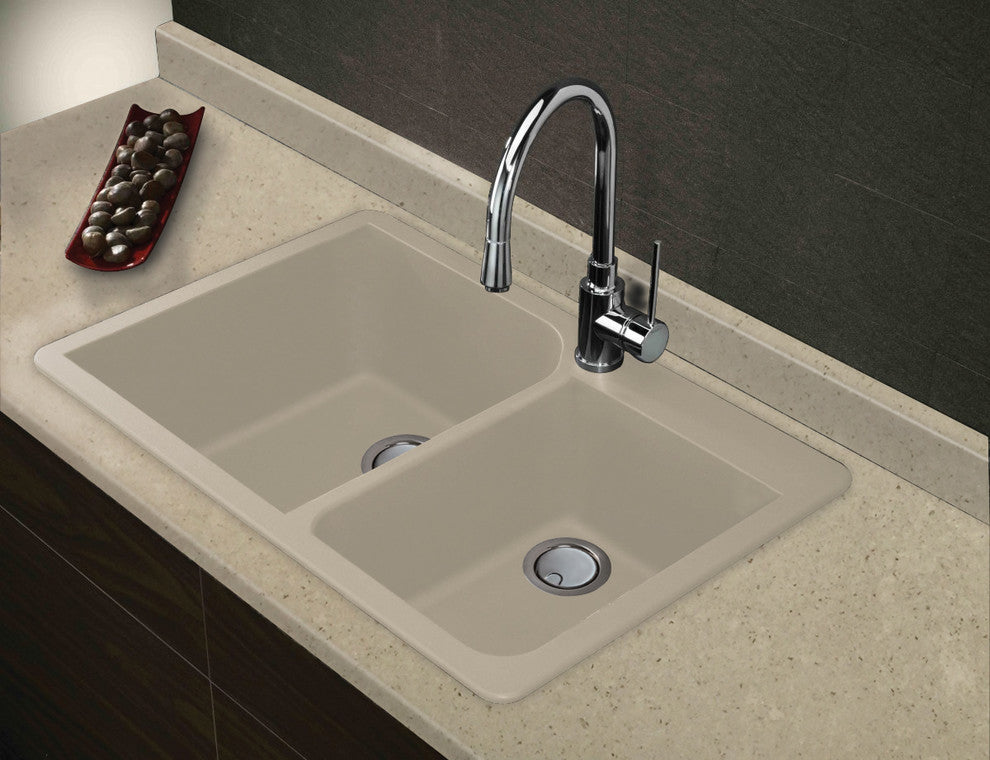 Radius 33" silQ Granite Double Bowl Kitchen Sink with 1 Hole in Cafe Latte