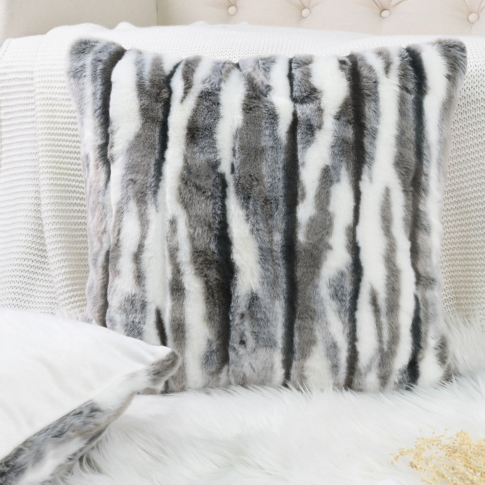 Multi Jacquard Faux Fur Pillow Covers Set of 2, Gray, 26''x26''