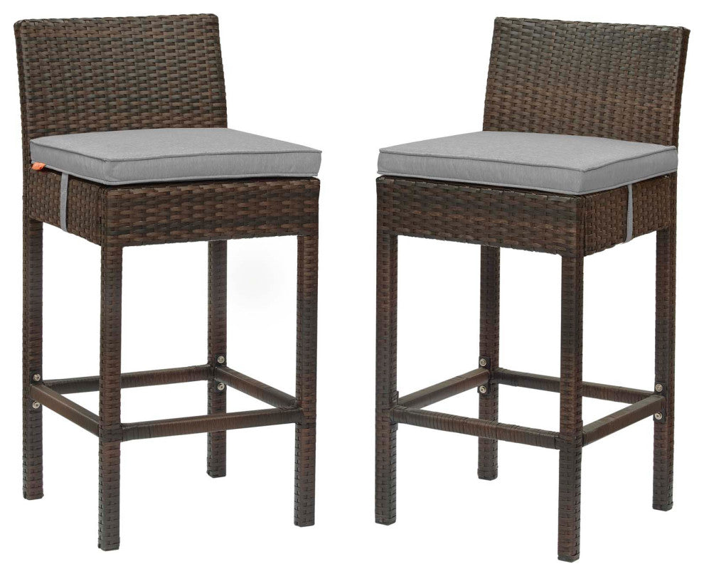 Modern Outdoor Bar Stool Chair, Set of Two, Fabric Rattan, Brown Gray Grey