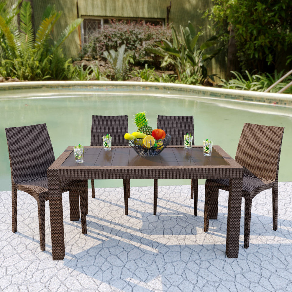 Leisuremod Weave Mace Indoor Outdoor Patio Chair, Set of 4, Brown