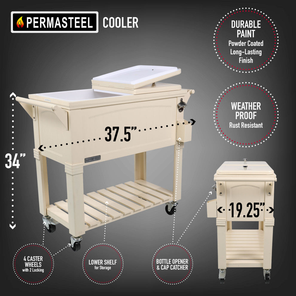 Permasteel 80 Quart Portable Rolling Patio Cooler, Cream