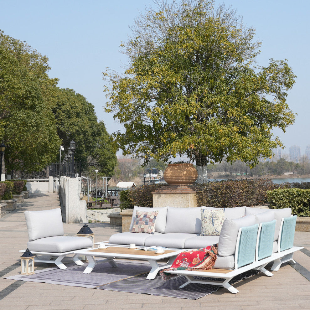 6 Piece Patio Aluminum Open Tube Sofa Set With Coffee Table, White