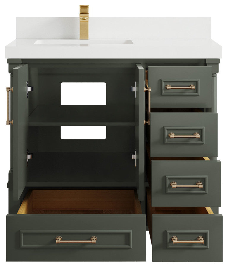Aberdeen 36 Left Offset Bath Vanity in Pewter Green 2" White Quartz