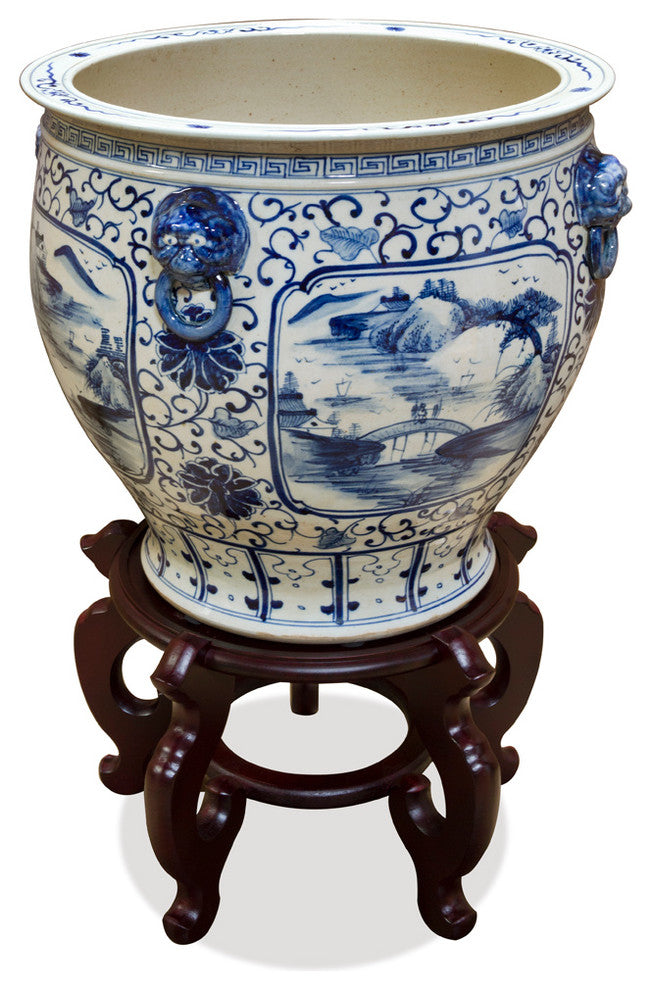 Blue and White Porcelain Fishbowl Planter, Chinese Scenery, Without Wooden Stand