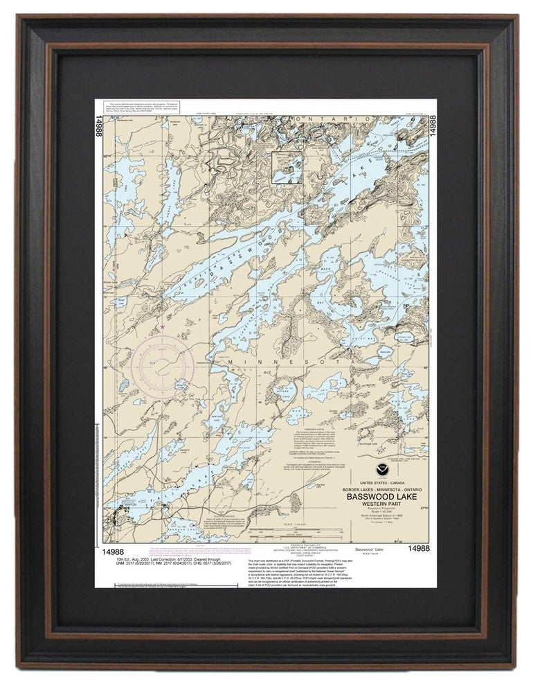 Framed Nautical Chart, Basswood Lake, Western Part, Minnesota, 16x24