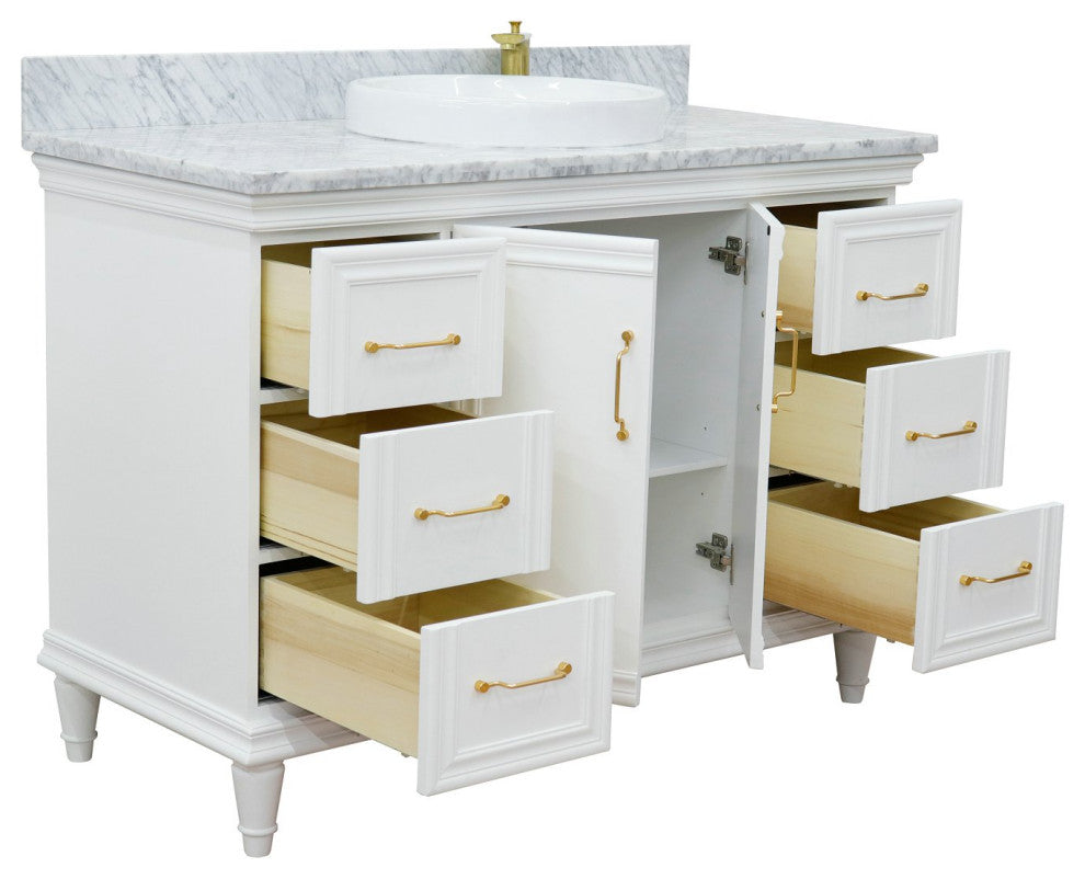 49" Single Sink Vanity, White Finish With White Carrara Marble and Round Sink