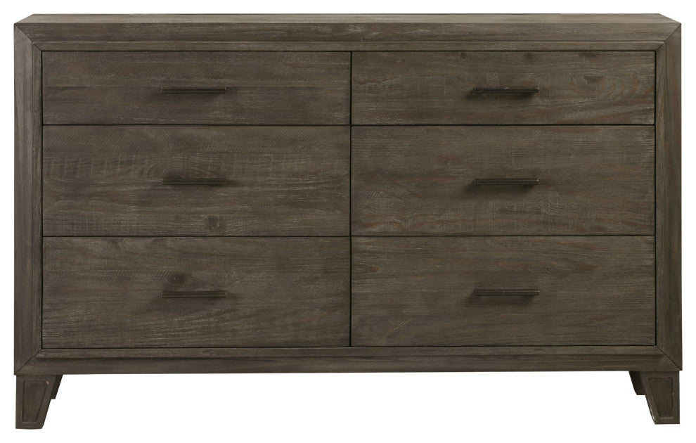 Benzara BM273443 Solid Pine Wood Dresser, 6 Drawers, Metal Handles, Rustic Brown