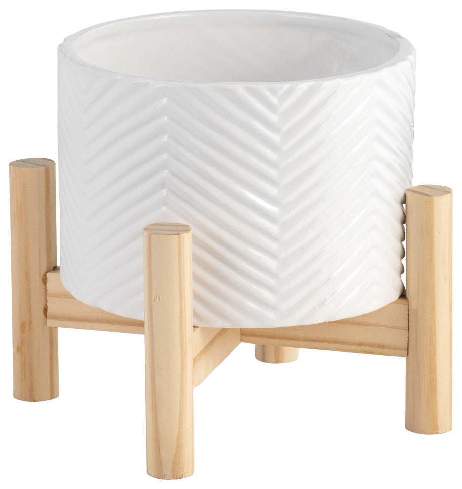 6" Ceramic Chevron Planter With Wood Stand, White