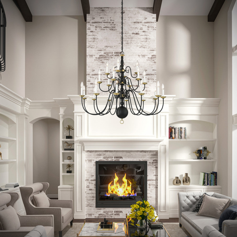 Livex Williamsburg 22 Light Black, Antique Brass Grande 3-Tier Foyer Chandelier