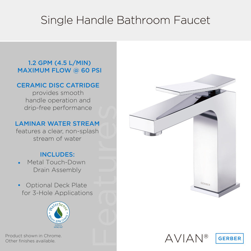 Avian Single Handle Lavatory Faucet w/ Metal Touch Down Drain Chrome, Chrome
