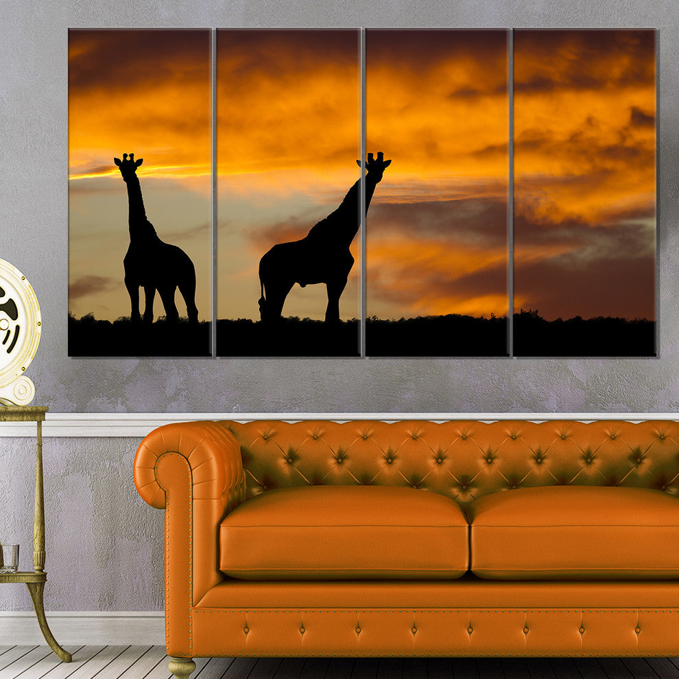 African Wildlife Silhouette, African Canvas Art Print, 48"x28", 4 Panels