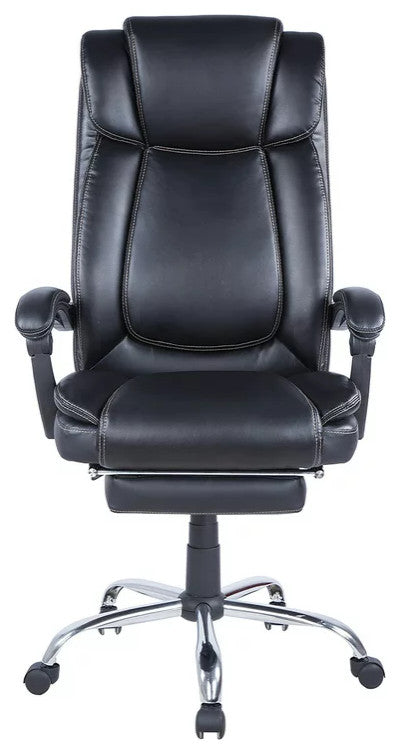 Executive Office Chair, Black Faux Leather Seat With Extendable Footrest, Black