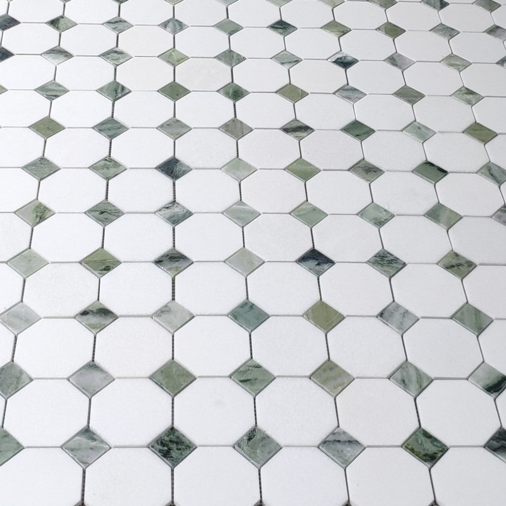 Thassos White Marble Octagon Mosaic Tile Sagano Green Dots Honed, 1 sheet
