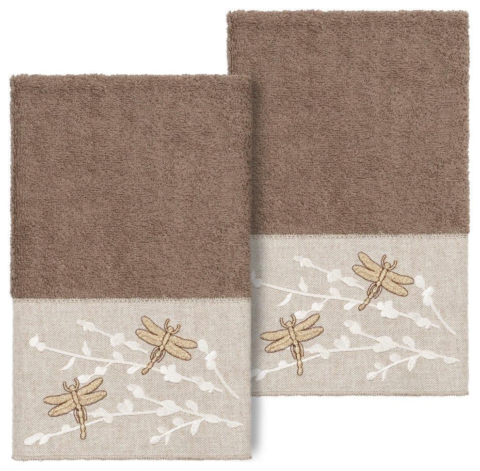 Linum Home Turkish Cotton Braelyn 2-Piece Embellished Hand Towel Set, Latte