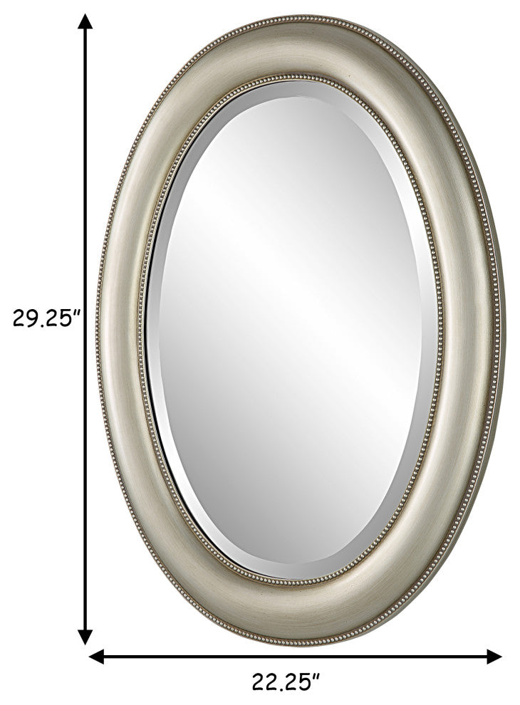 Benzara BM276687 29" Wood Wall Mirror, Beaded Oval Shape, Metallic Silver