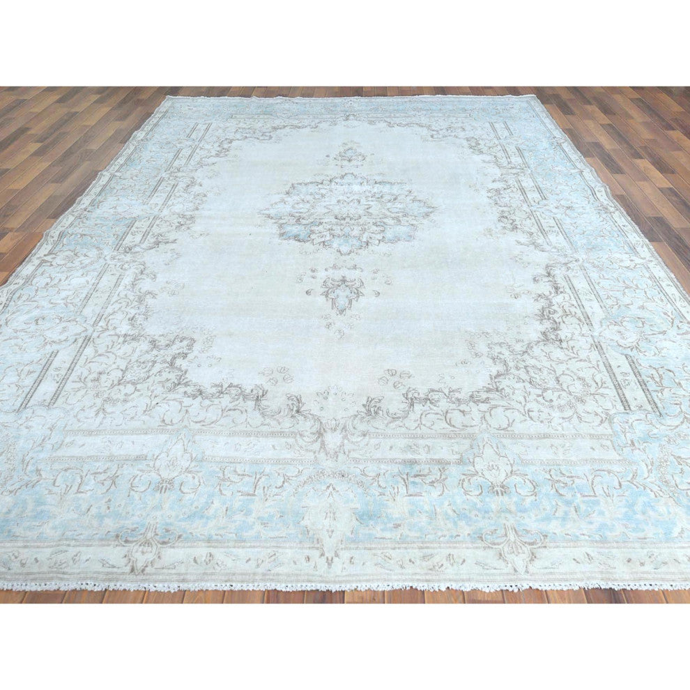 Vintage Persian Kerman Worn Wool Hand Knotted Ivory Oriental Rug  9'1" x 13'4"