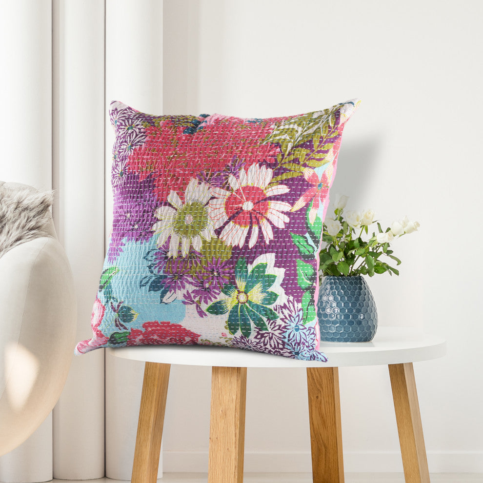 Floral Garden Kantha Throw Pillow