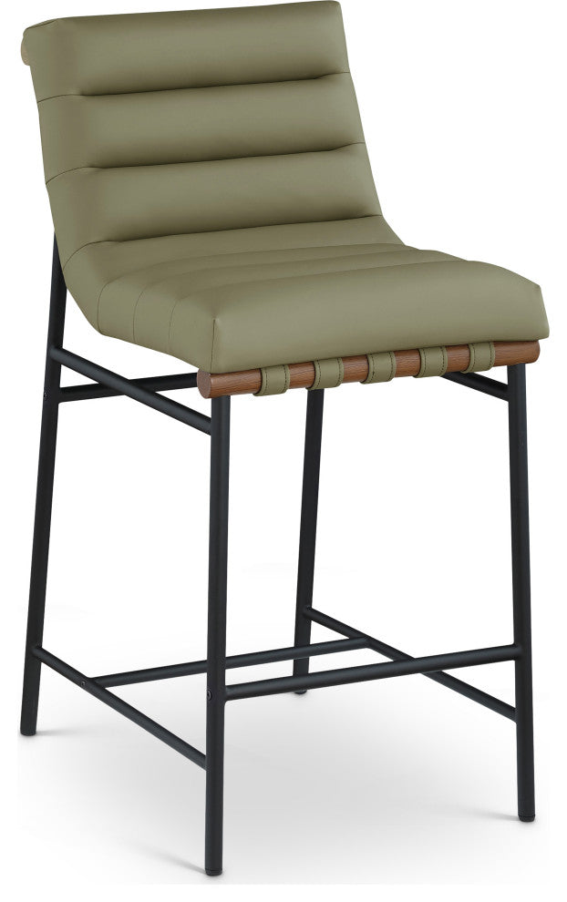 Burke Counter Stool, Green, Vegan Leather, Walnut Veneer Metal Dowel