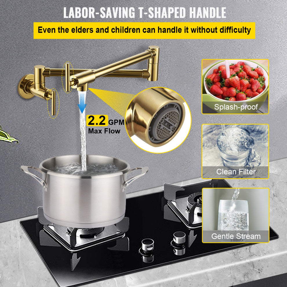 VEVOR Pot Filler Faucet Solid Brass Wall Mount Kitchen Faucet 26.4", Brushed Gold