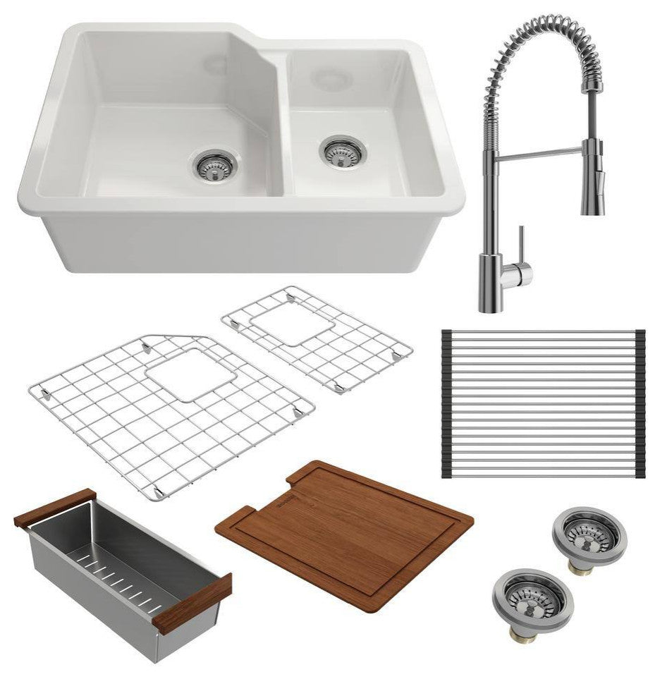 BOCCHI 1506-001-2020CH Dual-Mount Fireclay 33" Double Bowl Kitchen Sink Kit