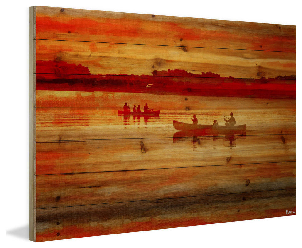 "Sunset Paddle" Print on Natural Pine Wood, 36"x24"