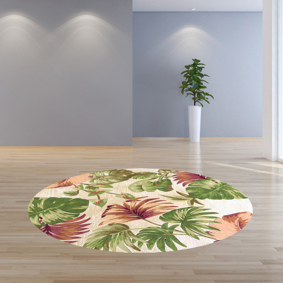 HomeRoots 6' Beige Hand Tufted Tropical Plant Round Indoor Area Rug