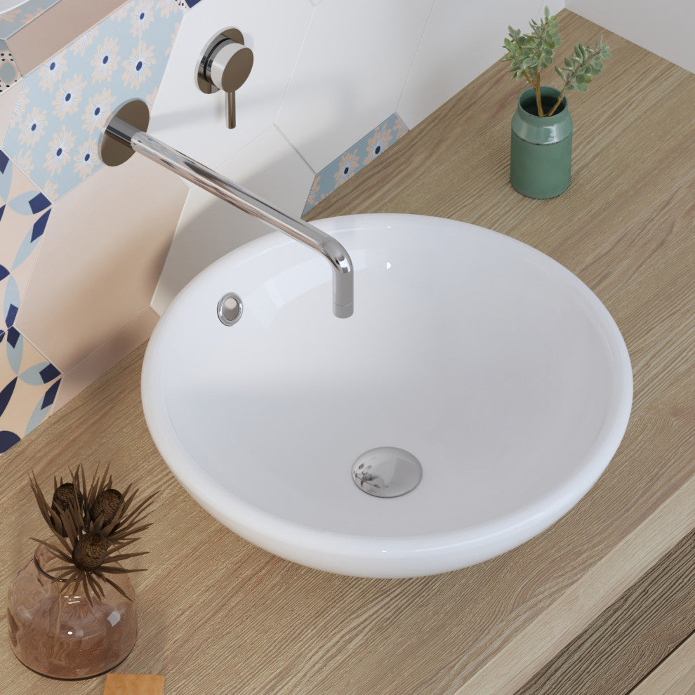 White Ceramic Circular Bathroom Vessel Bathroom Above Counter Sink With Overflow
