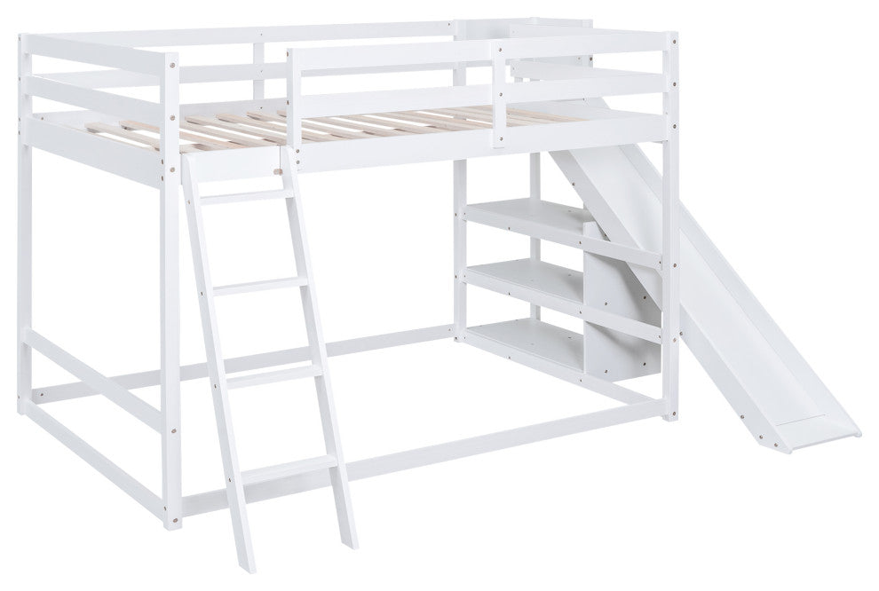 Gewnee Wood Full Over Full Bunk Bed with Ladder, Slide and Shelves in White