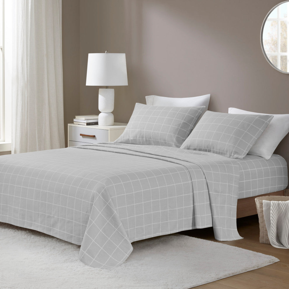 Beautyrest Oversized Flannel 4 Piece Sheet Set, Grey Windowpane