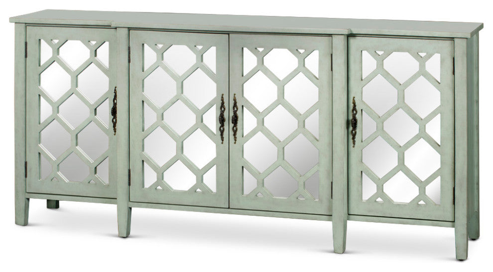 Zen Sage Sideboard with Lattice Fretwork Mirror Doors