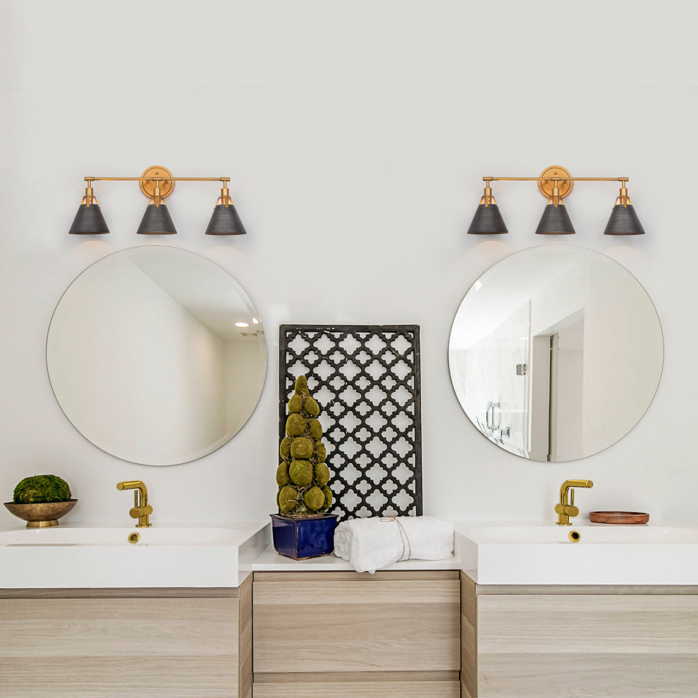 LALUZ 3 Light Brushed Gray and Antique Gold Transitional Vanity Light Bar
