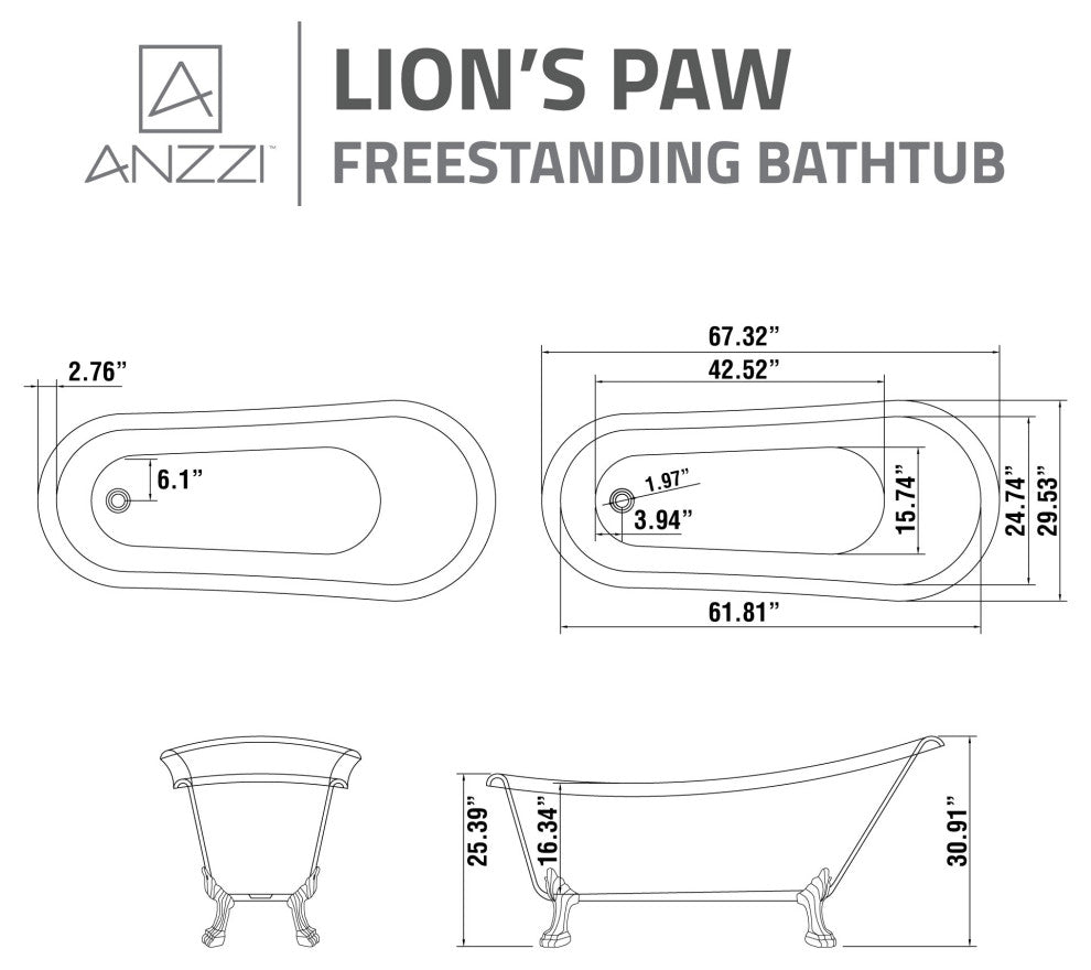 ANZZI Diamante 67.32" White Acrylic Slipper Claw Foot Tub, Lion's Paw Feet