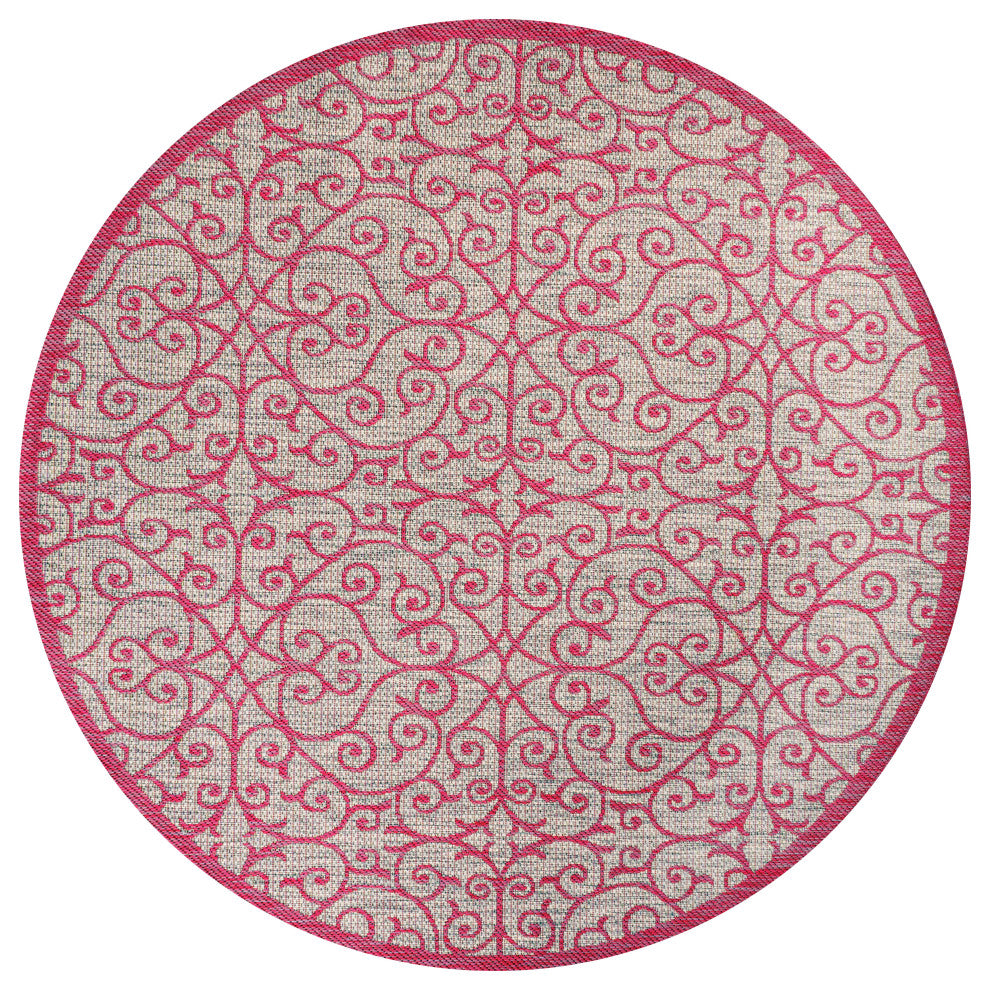 Madrid Vintage Filigree Textured Weave Indoor/Outdoor, Light Gray/Fuchsia, 5' Round