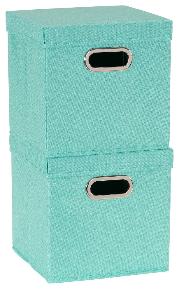 Storage Bins With Lids and Chromed Grommet Handles, Turquoise