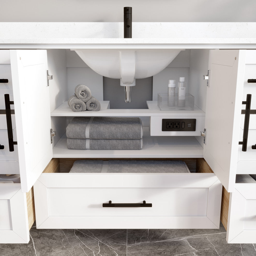 Houston 60" Single Vanity With Power Bar and Drawer Organizer, White