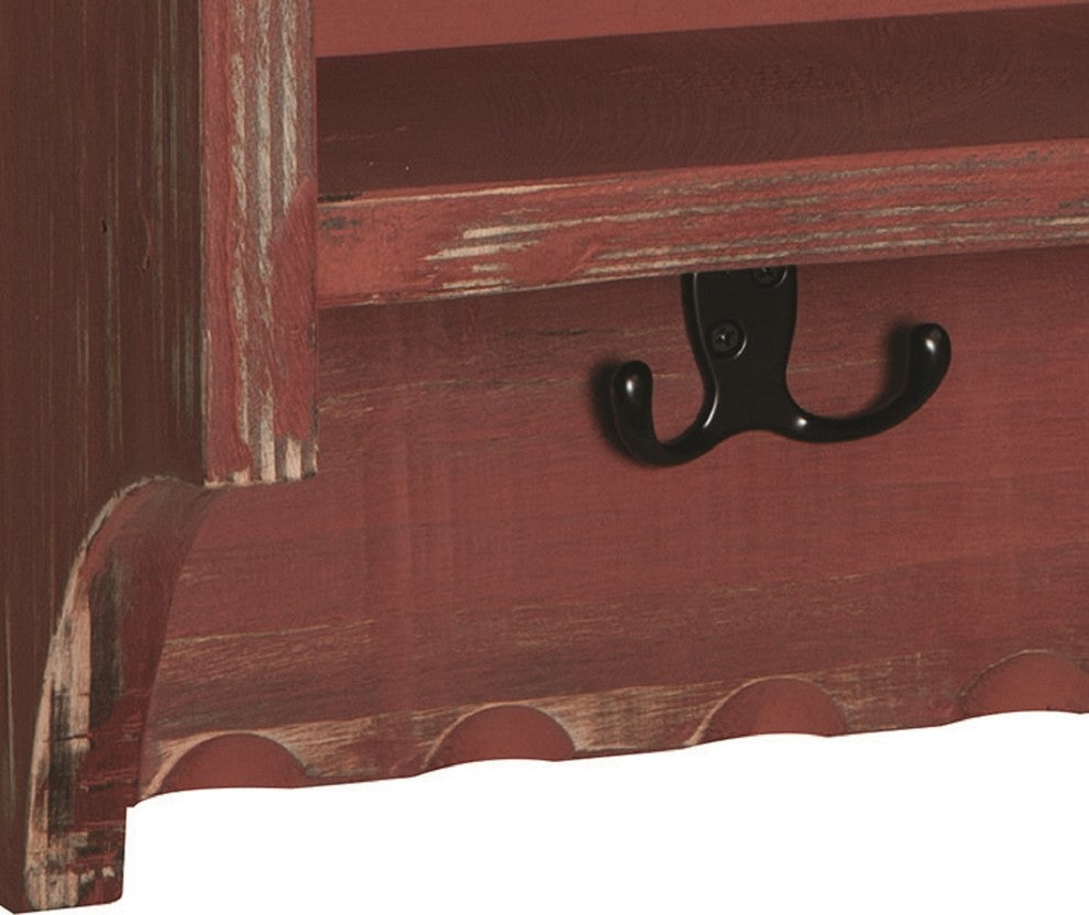 Country Cottage Coat Hooks and Bench Set, Red Antique