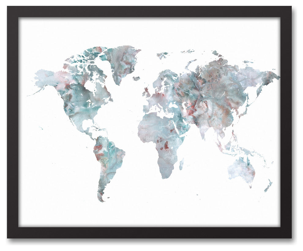 Greige World Map 16x20 Black Framed Canvas