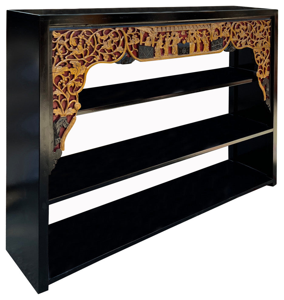 Chinese Black Golden Carving Rectangular Curio Display Stand Side Table Hcs7642