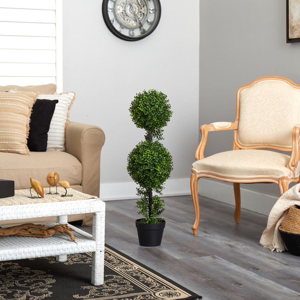 34" Boxwood Double Ball Topiary Artificial Tree, Indoor/Outdoor