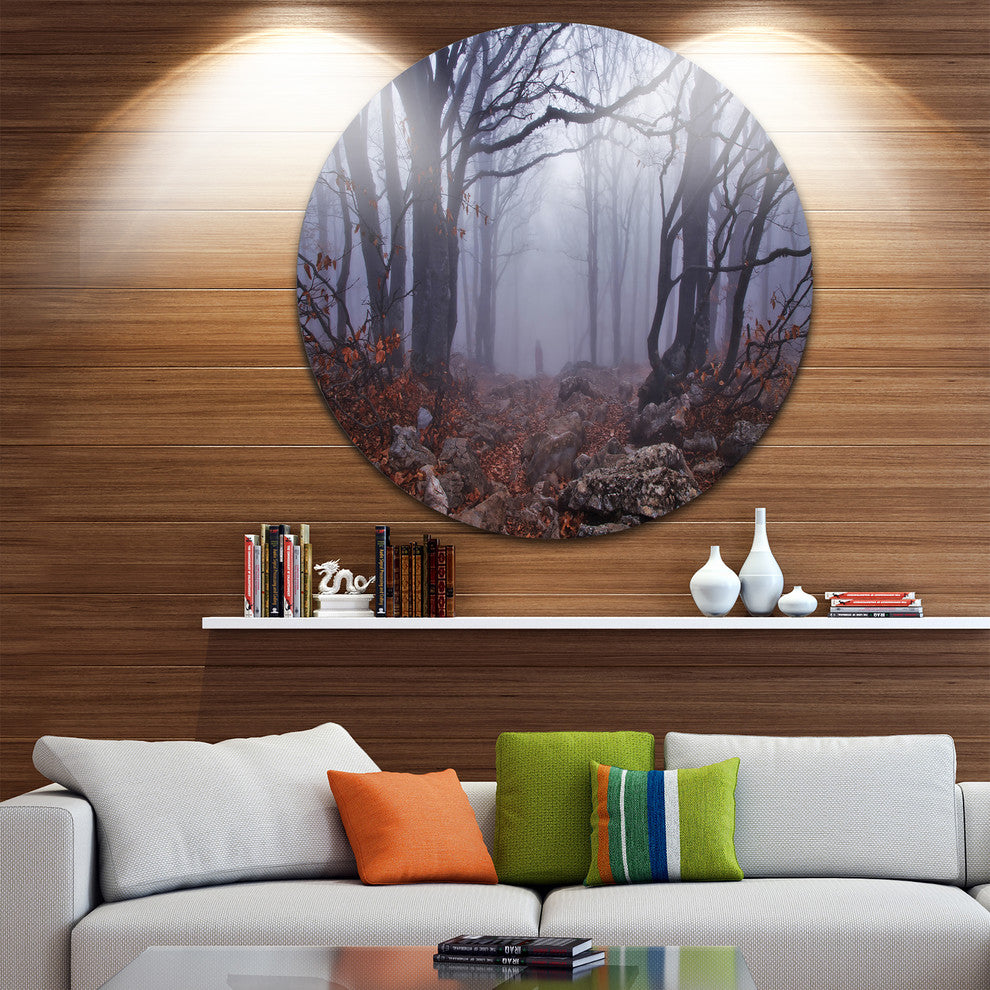 Dark Foggy Forest In Autumn, Landscape Photo Round Metal Wall Art, 11"
