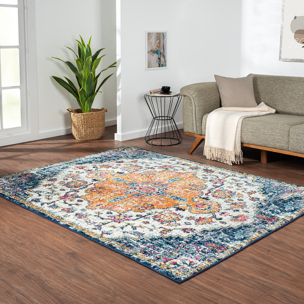Mateo Blue Orange Boho Medallion Area Rug/Runner, 3' x 8' Runner