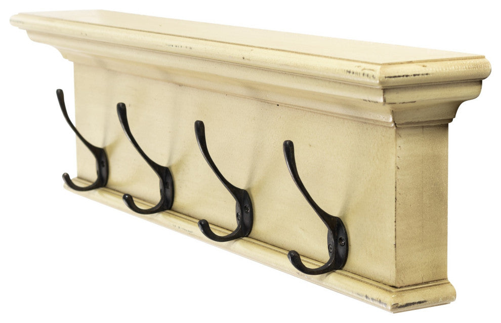 Rustic Antiqued Yellow Wood Four Hook Hanging Coat Rack